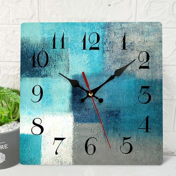 Wooden Wall Clock Silent Non-Ticking, Green Blue Grey Teal Abstract Painting Gray Square Rustic Coastal Wall Clocks Decor for Home Kitchen Living Room Office, Battery Operated(10 Inch)