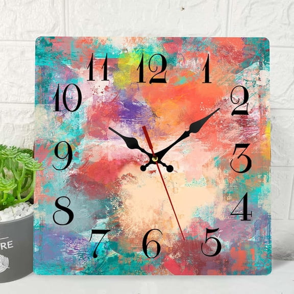 Wooden Wall Clock Silent Non-Ticking, Green Blue Grey Teal Abstract Painting Gray Square Rustic Coastal Wall Clocks Decor for Home Kitchen Living Room Office, Battery Operated(10 Inch)