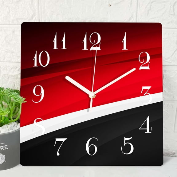 Wooden Wall Clock Silent Non-Ticking, Red Black Grid Luxury Modern Weave Abstract Stripe Geometric Round Wall Clocks Decor for Home Kitchen Living Room Office(12 Inch)