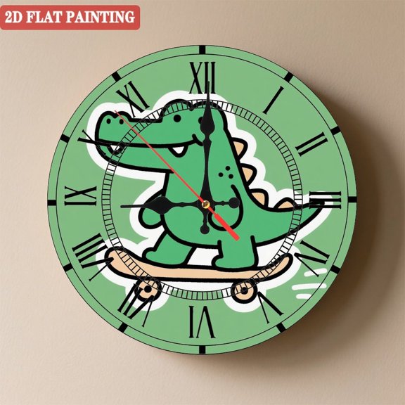 Wooden Wall Clock with Skateboarding Dinosaur Pattern, Silent Movement, Battery Operated (AA Batteries Not Included), Artistic Home Decor, 10×10inch (25×25cm)