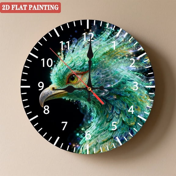 Wooden Wall Clock with Sparkling Green Feather Divine Bird Pattern, Silent Movement, Battery Operated (AA Batteries Not Included), Artistic Home Decor, 10×10inch (25×25cm)