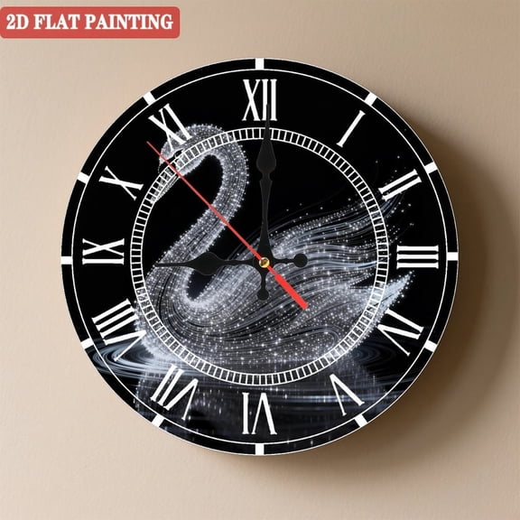 Wooden Wall Clock with Sparkling White Swan Pattern, Silent Movement, Battery Operated (AA Batteries Not Included), Artistic Home Decor, 10×10inch (25×25cm)