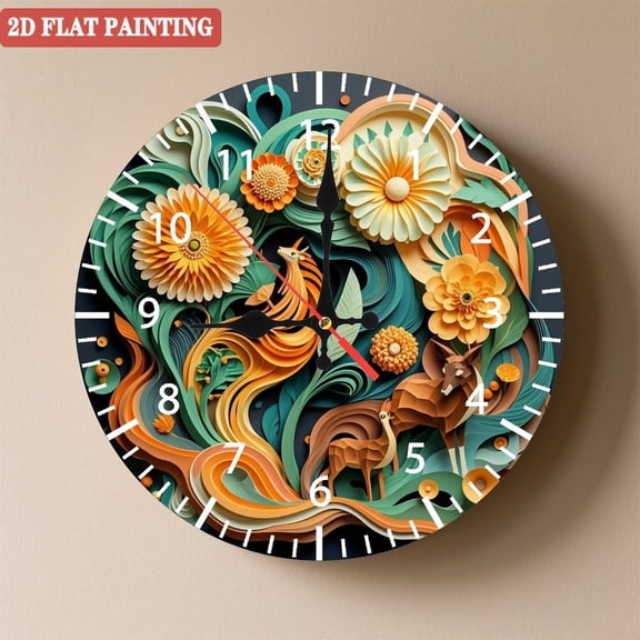 Wooden Wall Clock with Style Flowers & Deer Pattern, Silent Movement, Battery Operated (AA Batteries Not Included), Artistic Home Decor, 10×10inch (25×25cm)