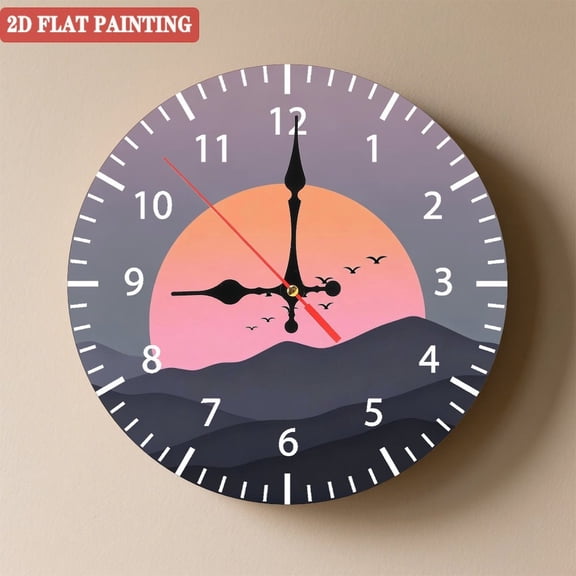 Wooden Wall Clock with Sunset Mountain Landscape, Silent Movement, Battery Operated (AA Batteries Not Included), Artistic Home Decor, 10×10inch (25×25cm)