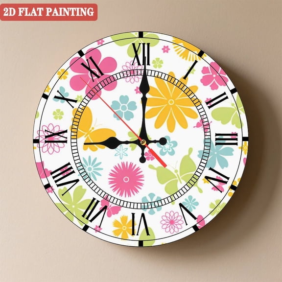 Wooden Wall Clock with Vibrant Flower & Butterfly Pattern Roman Numerals for Artistic Home Decor, Battery Operated(AA Batteries Not Inclued), Silent Movement, Accurate Time, Size 9. 8in/25cm