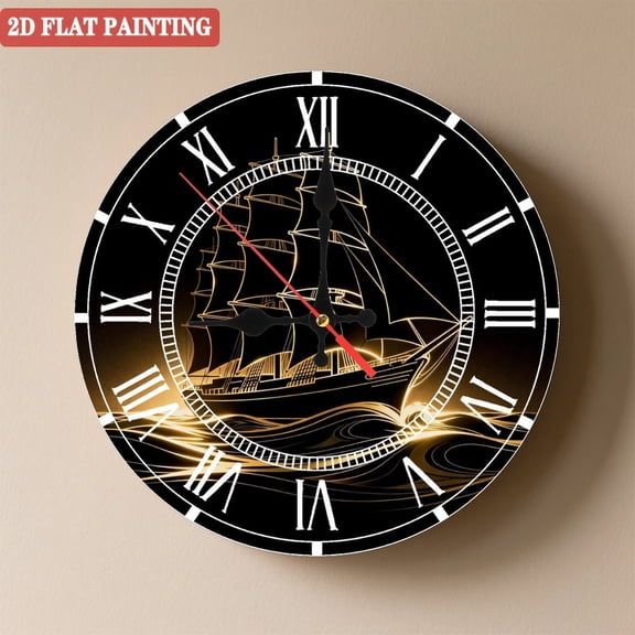 Wooden Wall Clock with Vintage Sailing Ship & Golden Waves Pattern, Silent Movement, Battery Operated (AA Batteries Not Included), Artistic Home Decor, 10×10inch (25×25cm)