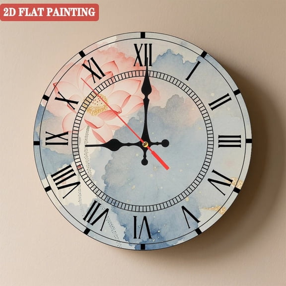 Wooden Wall Clock with Wash Lotus Design Roman Numerals for Artistic Home Decor, Battery Operated(AA Batteries Not Inclued), Silent Movement, Accurate Time, Size 9. 8in/25cm