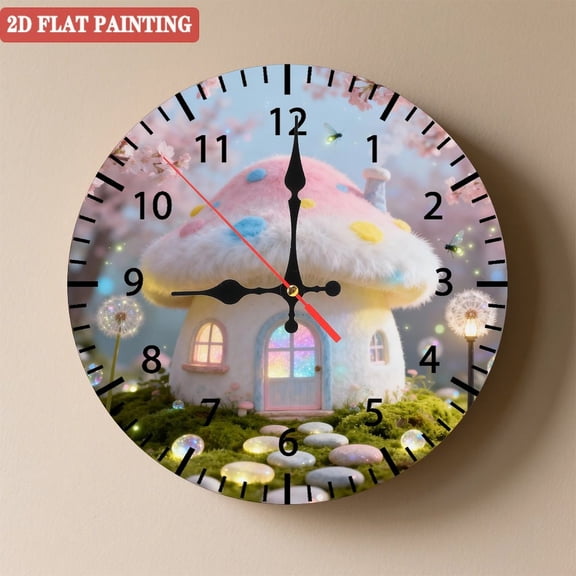 Wooden Wall Clock with Whimsical Pastel Mushroom House Pattern, Silent Movement, Battery Operated (AA Batteries Not Included), Artistic Home Decor, 10×10inch (25×25cm)