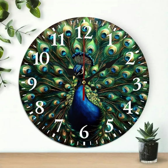 Wooden Wall Clock, peacock feathers Print, Wall art Decor, Perfect for Living Room, Dorm, Bedroom, Kitchen, Home Office & More, Wall Clock Living Room