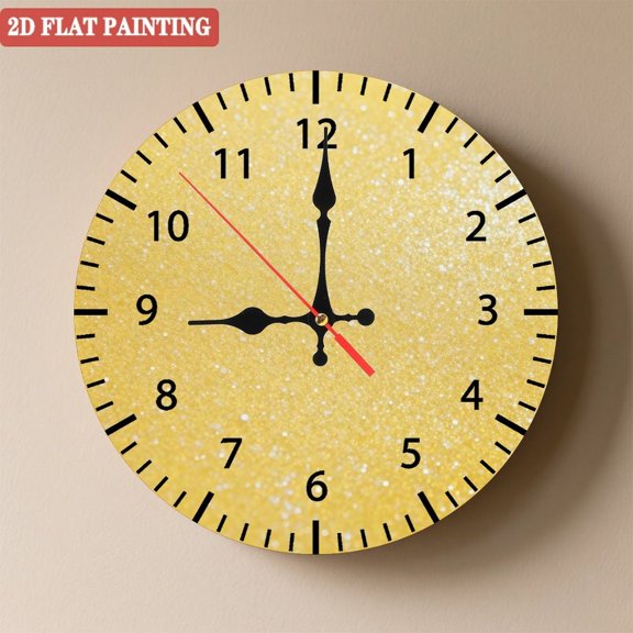 Wooden Wall Clock with Gold Texture Pattern, Silent Movement, Battery Operated (AA Batteries Not Included), Artistic Home Decor, 10×10inch (25×25cm)