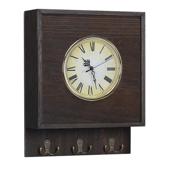 Wooden Wall Clock with Key Hooks, Hidden Compartment Wall Organizer, Brown Wood Finish