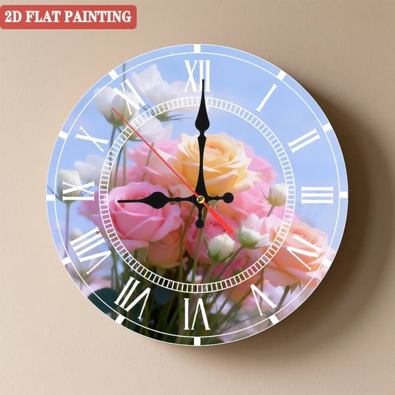 Wooden Wall Clock with Romantic Roses, Silent Movement, Battery Operated (AA Batteries Not Included), Artistic Home Decor, 10×10inch (25×25cm)