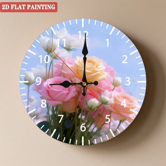 Wooden Wall Clock with Romantic Roses, Silent Movement, Battery Operated (AA Batteries Not Included), Artistic Home Decor, 10×10inch (25×25cm)