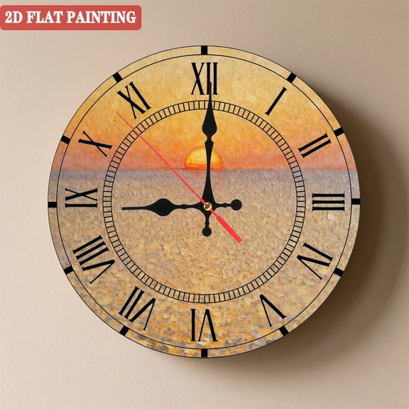 Wooden Wall Clock with Sunset Beach Scene, Silent Movement, Battery Operated (AA Batteries Not Included), Artistic Home Decor, 10×10inch (25×25cm)