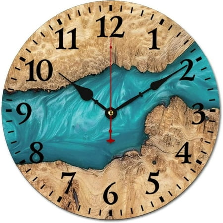 Wooden Wall Clocks Epoxy Resin Round Decorative Clock Battery-Powered with Quartz Movement Wood Clock 16 Inch Living Room Kitchen Bedroom
