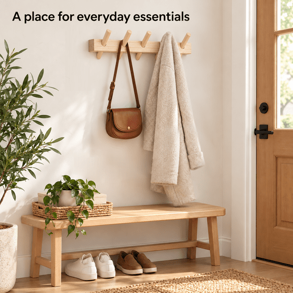 Wooden Wall Coat Rack with 5 Peg Hooks, Solid New Zealand Pine, Wall Mounted Coat and Hat Hanger for Entryway, Natural Wood, 16.9 Inch