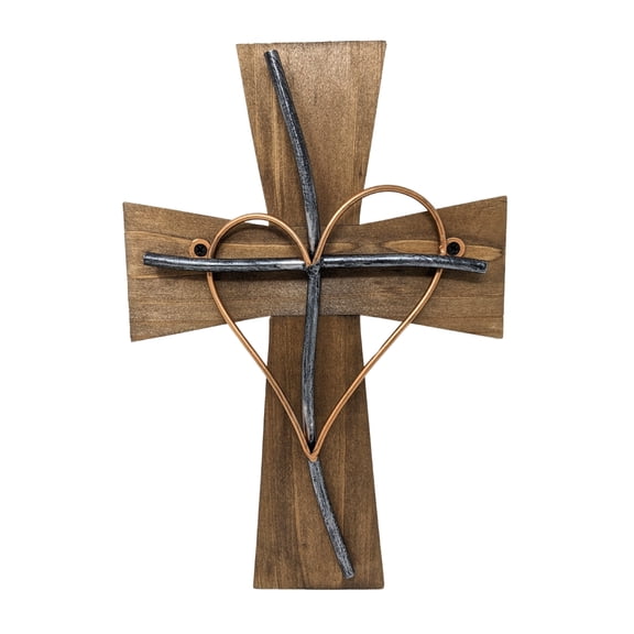 Wooden Wall Cross With Heart-Shaped Metal Accent - Decorative Wall Cross For Christian Wall Decor And Religious Art Collectors - Rustic Wood Cross Spiritual Wall Décor