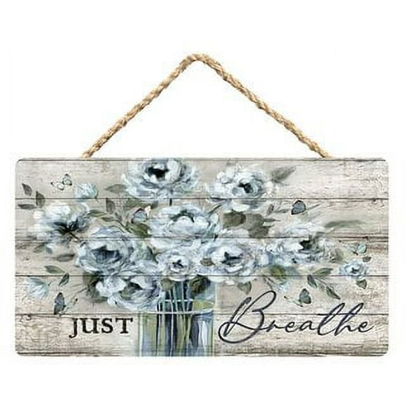 Wooden Wall Decor Art Vintage Flower Vase Blue Butterfly Just Breathe Wood Signs Rustic Hanging Wall Plaque Bathroom Wall Art Home Family Decor 12 X 6 Inches