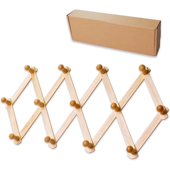 Wooden Wall Hanger Expandable Coat Rack Accordion Design 13 Peg Hooks Storage Caps,Purses,Hats,Scarves,Mug,Towels,Umbrella Accessories