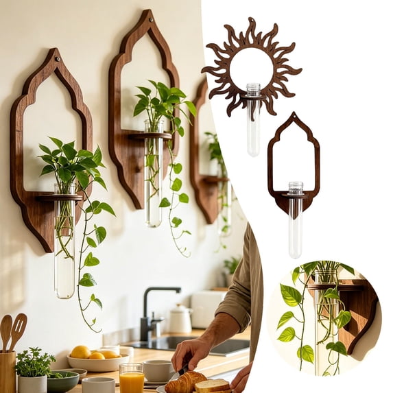 Wooden Wall Hanging Planter Sun Hollow Wood Propagation Station Wall Mounted Glass Tube Vase Holder for Indoor Hydroponic Home Wall Boho Decor