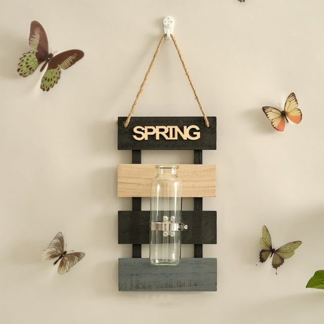 Wooden Wall Hanging Vase with Glass Insert - 12" Boho Flower Planter for Fresh/Dried Blooms - Rustic Home Decor Perfect for Living Room, Bathroom & Nursery