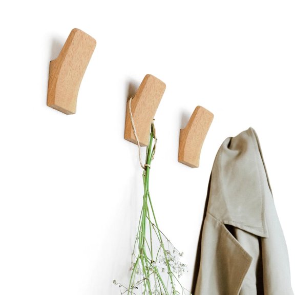 Wooden Wall Hooks – Set of 2 – Rustic Wood Coat Hooks for Hanging Towels, Hats, Bags, Purse, Backpack, Keys, Robe – Scandinavian Minimalistic Rustic Bathroom & Entryway Hooks (Beech Wood)