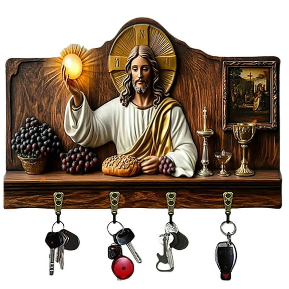 Wooden Wall Key Holder with Communion Symbols – Religious Home Décor with 4 Metal Hooks, Rustic Key Rack for Entryway, Porch, Room or Villa