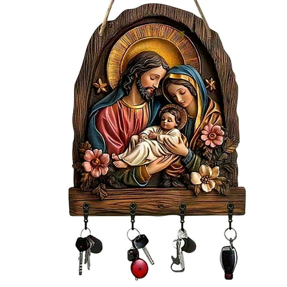 Wooden Wall Key Holder with Communion Symbols – Religious Home Décor with 4 Metal Hooks, Rustic Key Rack for Entryway, Porch, Room or Villa