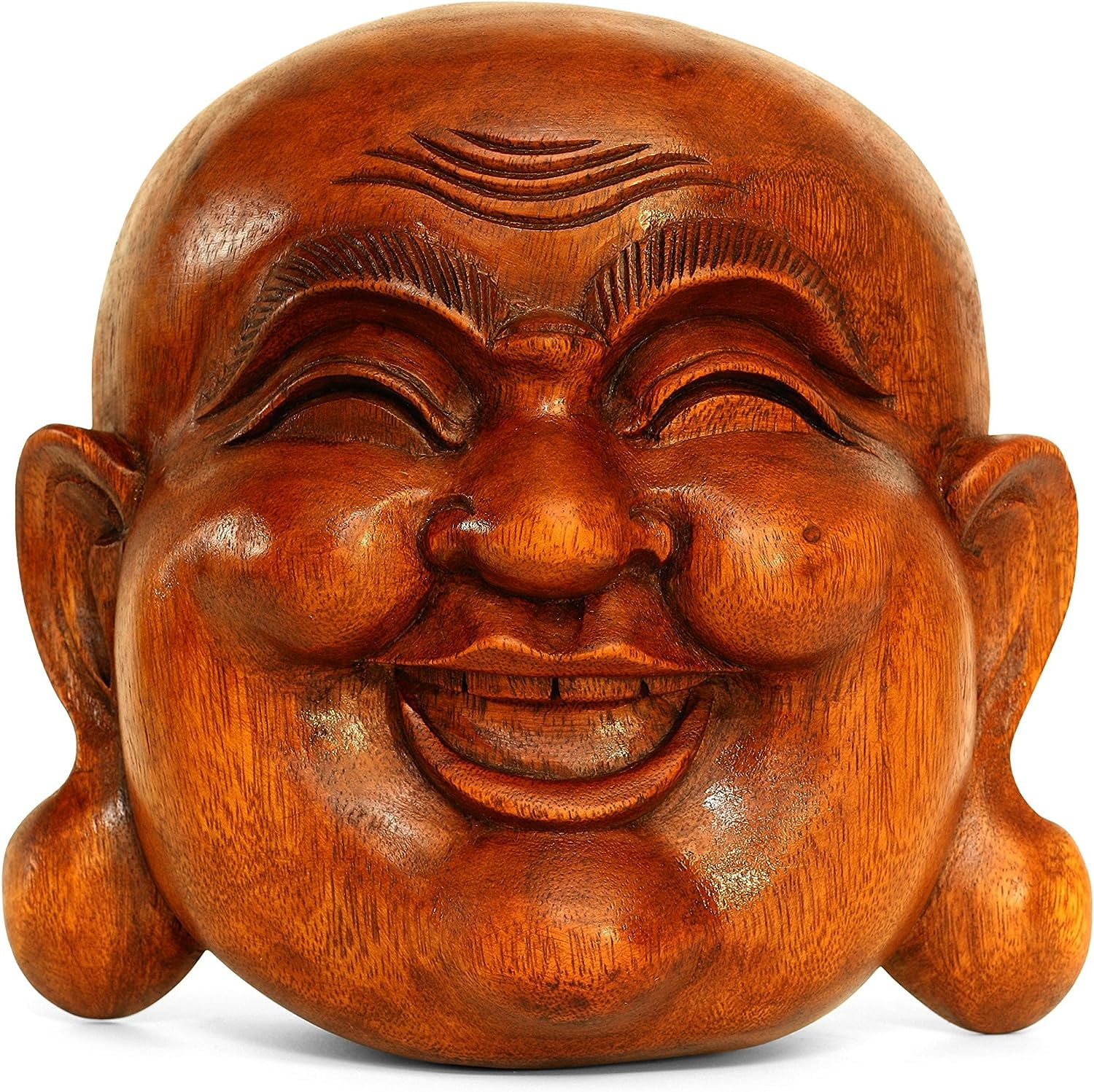 Wooden Wall Mask Laughing Smiling Happy Buddha Head Statue Hand Carved