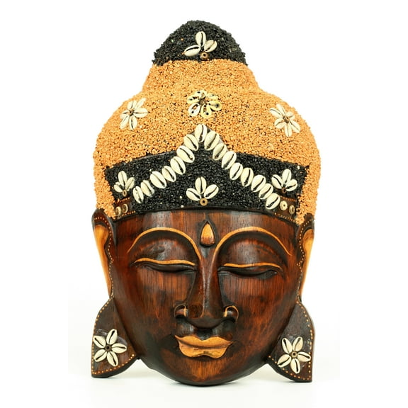Wooden Wall Mask Serene Buddha Head Statue Hand Carved Orange Seashell Sculpture Handmade Figurine Home Decor Accent Sea Shell Handcrafted Art Wall Hanging