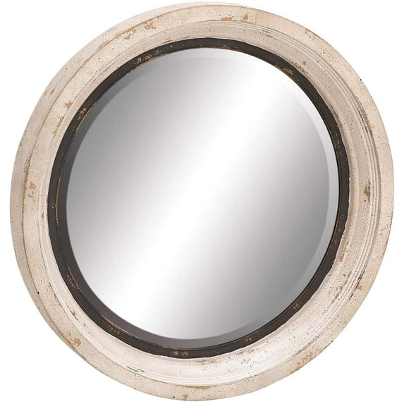 Wooden Wall Mirror Round (Antique White Finish) - (35 x 35 x 4 Inches)