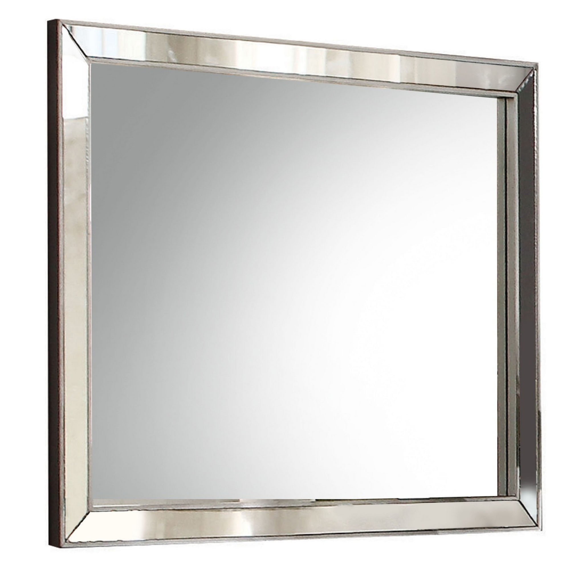 Wooden Wall Mirror with Beveled Edges and Mounting Hardware, Silver