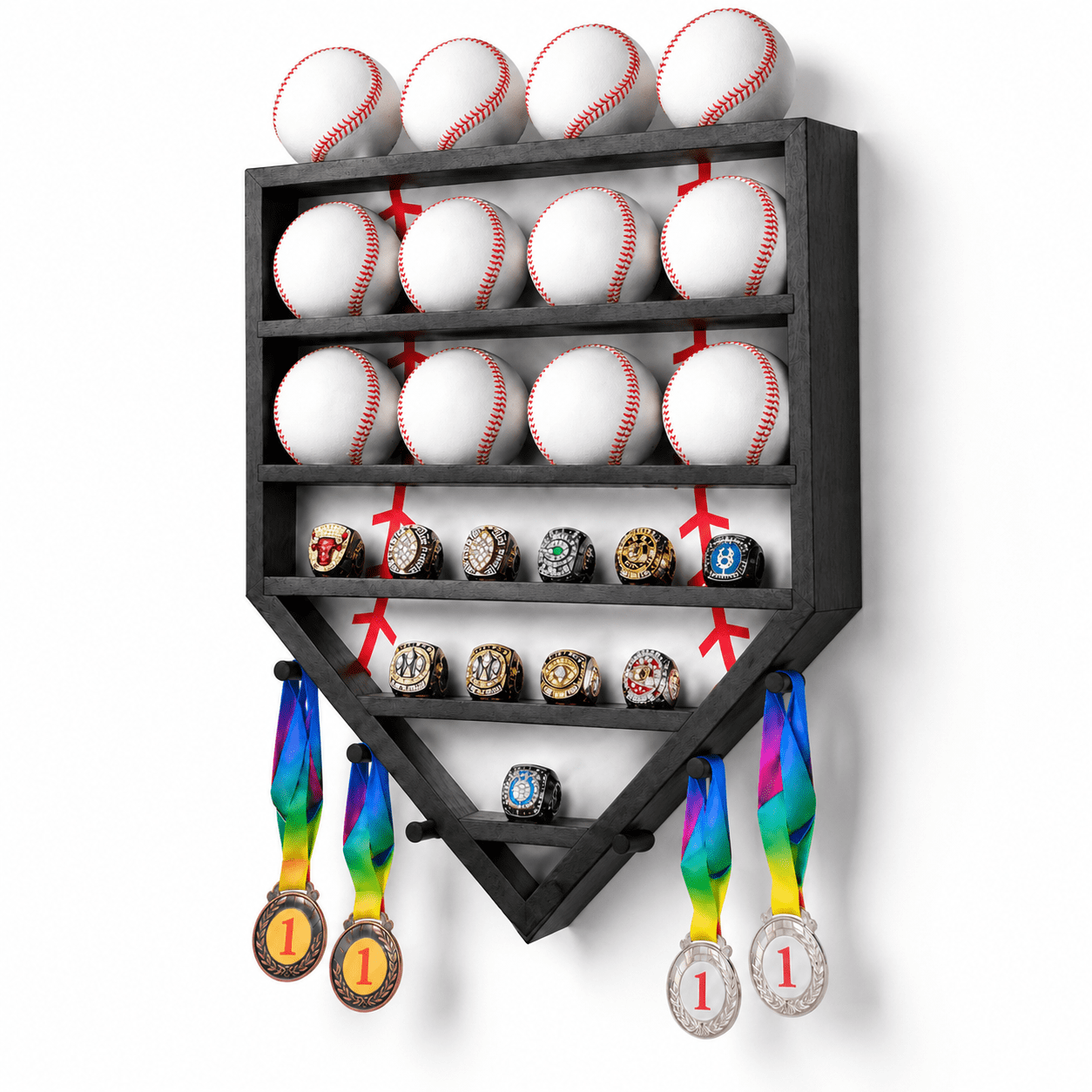Wooden Wall Mounted Baseball Display Case with Ring Holder and Medal ...