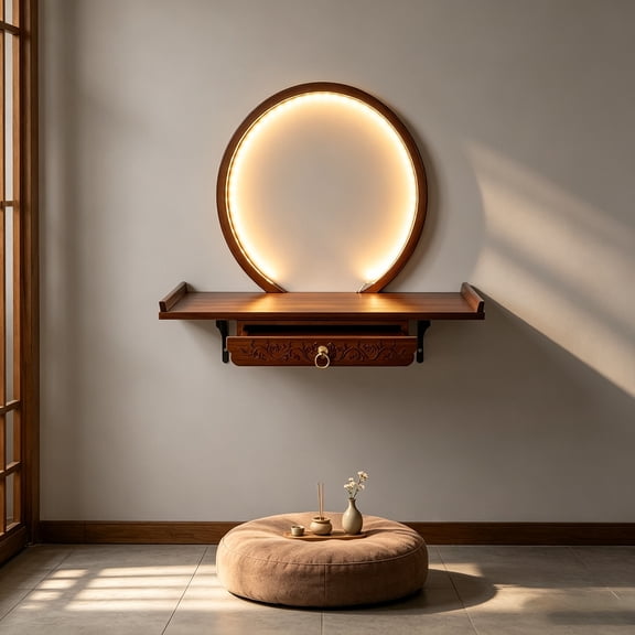 Wooden Wall Mounted Buddhist Altar with LED Lighting, Meditation Shrine, With hidden sliding tray for home, meditation and zen room decoration