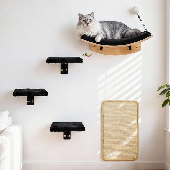 Wooden Wall-Mounted Cat Perch System, 5 Piece, Black-M