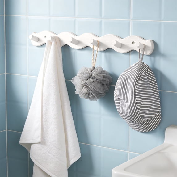 Wooden Wall Mounted Coat Hook Rack with 6 Hooks | Rust-Free Bathroom & Entryway Organizer for Towels, Coats, Hats & Keys | White | 52cm (20.47in)