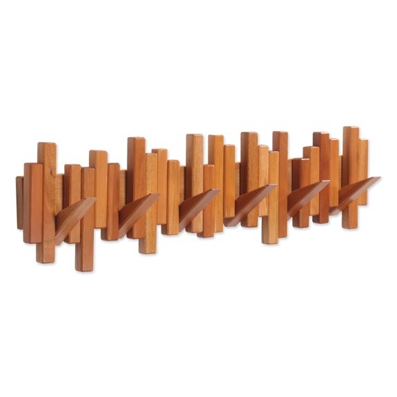 Wooden Wall Mounted Coat Rack With 6 Flip-Down Hooks Cherry Finish Modern Artistic Design