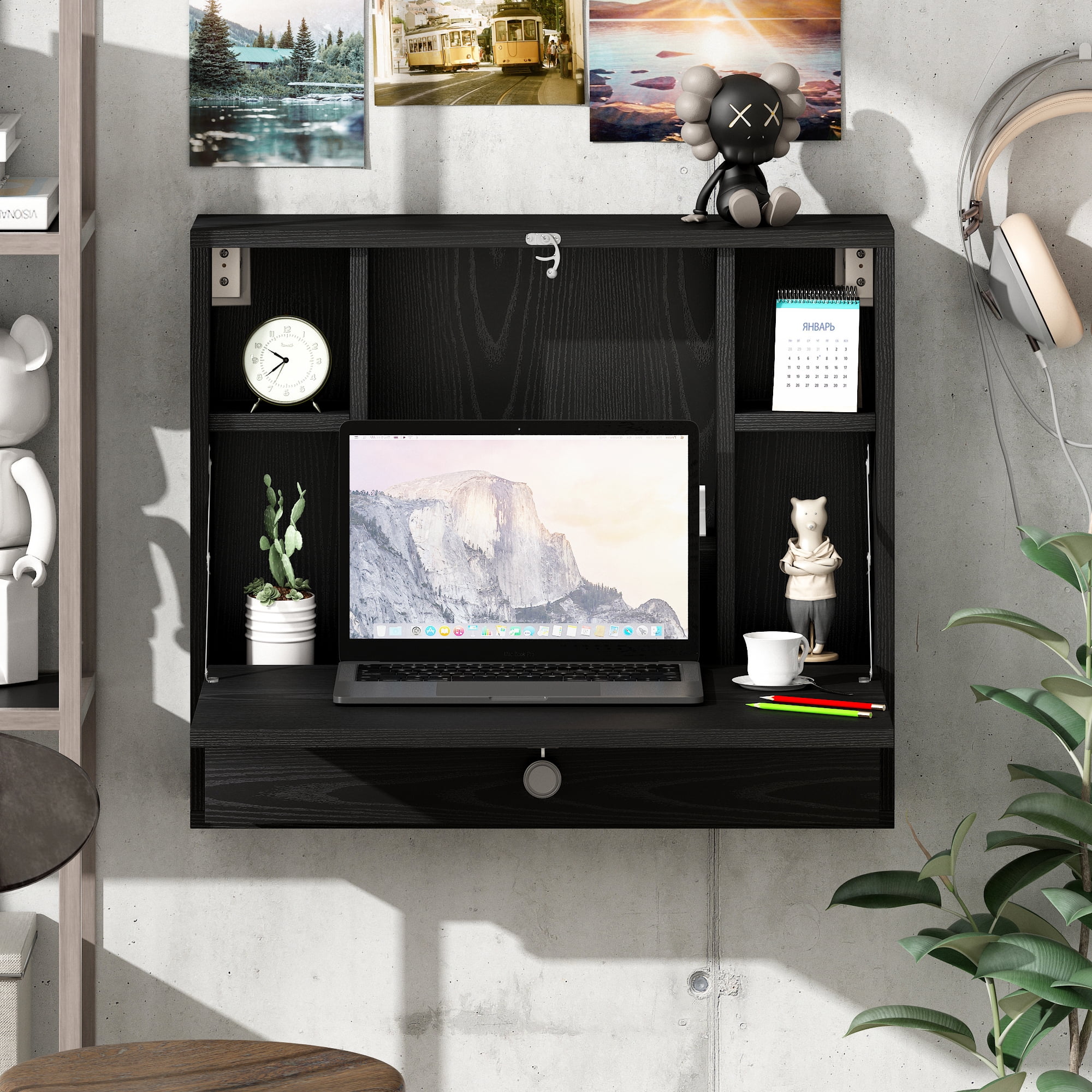 Wooden Wall-Mounted Desk with Drawer, Convertible Writing Desk for Home Office