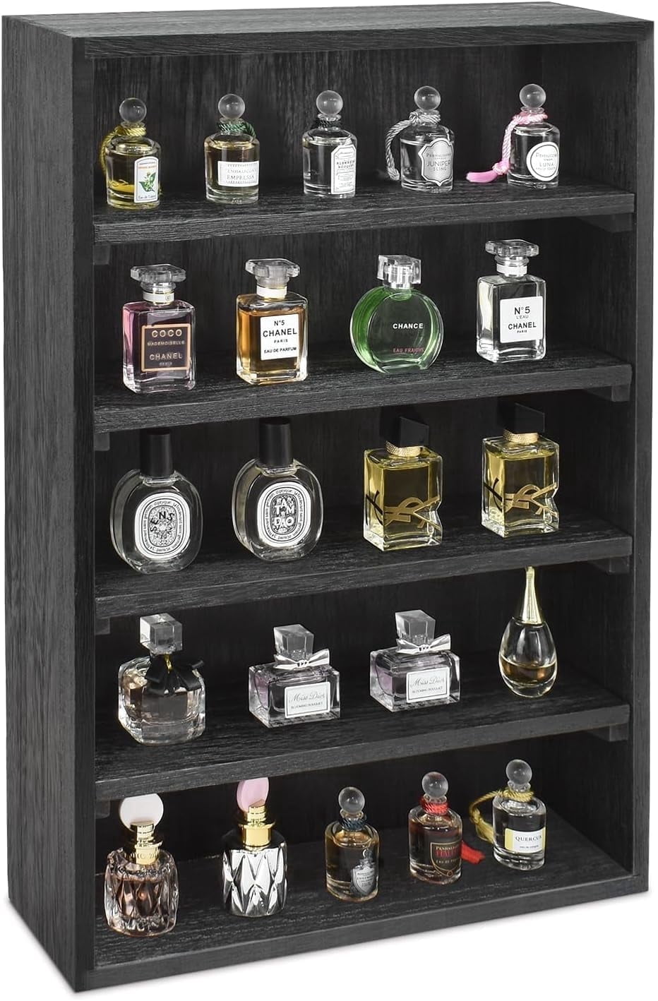 Wooden Wall-Mounted Display Shelf Rack for Collectibles, Figures,Shot Glasses,Spice Can,Cosmetics or Perfume, 5 Adjustable Height Shelves,Space-Saving, Black Color