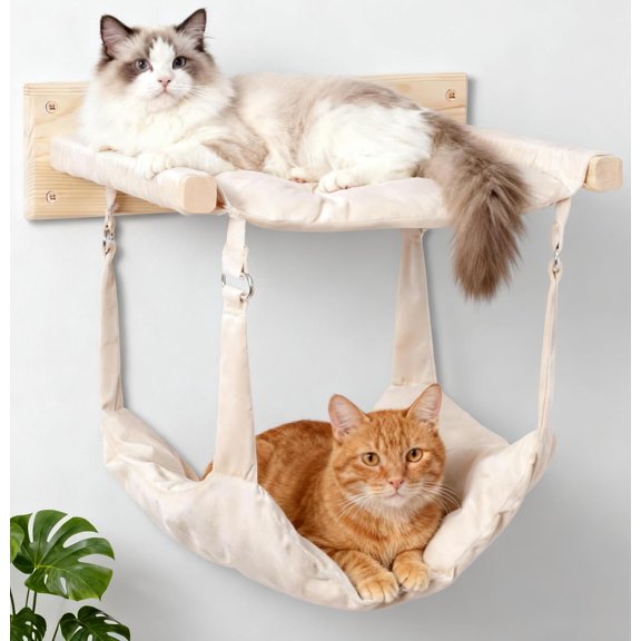 Wooden Wall Mounted Double Layer Cat Hammock Large 18.9 Inch Removable Multi Function Bed for Sleep Play Climb Kitten Window Perch Easy DIY Installation Beige