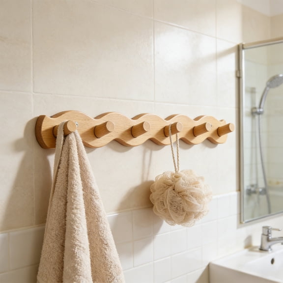 Wooden Wall Mounted Hook Rack, 6 Hooks Rustic Non-Rust Coat Hanger Rail for Bathroom Kitchen Living Room Entryway,Khaki