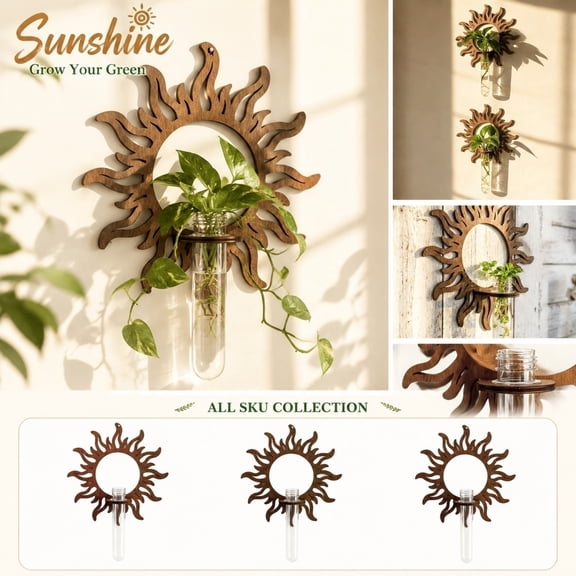 Wooden Wall Mounted Hydroponic Plant Shelf - Sun Shaped Display Stand, Rustic Hanging Planter for Indoor Garden, Space-Saving Decor