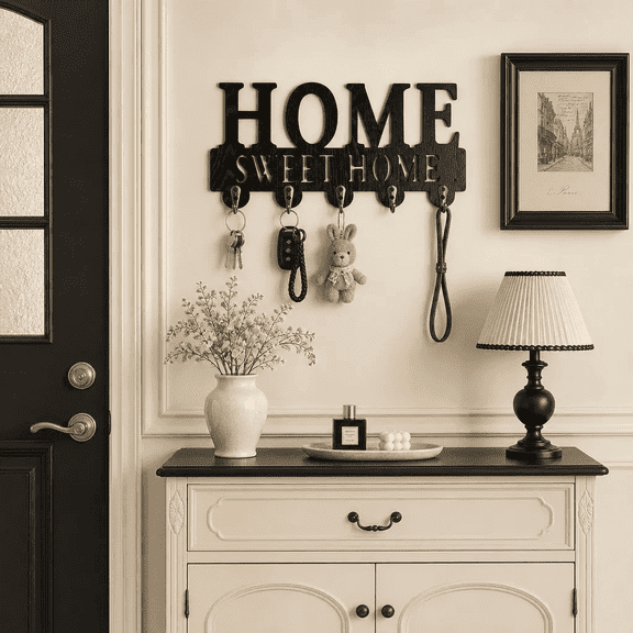 Home Sweet Home Wooden Wall Mounted Key Holder, 5 Brass Hooks Decorative Entryway Organizer for Keys, Farmhouse Wall Decor