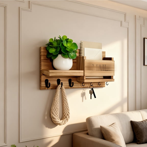 A Wooden Wall-Mounted Key Holder with Mail Storage Box | Solid Wood, Rustic Style, Multi-Functional for Bedroom, Foyer, Mud Room, Aesthetic Wall Decoration by RWSEFK