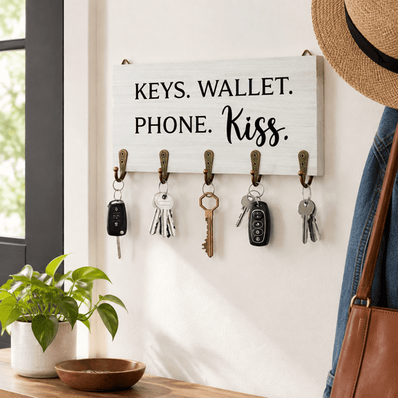 Wooden Wall Mounted Key Holder with 5 Hooks in Kiss Color for Entryway Organization