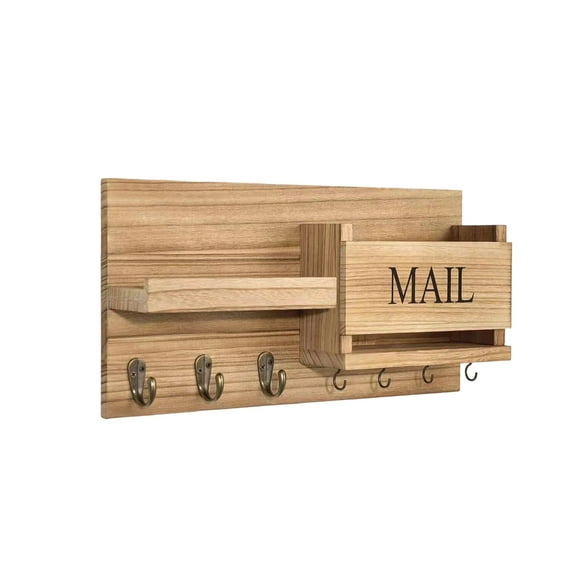 Wooden Wall Mounted Key Organizer with Hooks and Storage Cubby - Retro Entryway Coat Rack for Keys, Mail, and Small Items, Natural Texture for Living Room or Home Entry