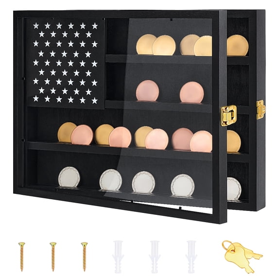 Wooden Wall Mounted Medal Display Cases with Acrylic Visible Window Rectangle Black 40.1x30x5.9cm