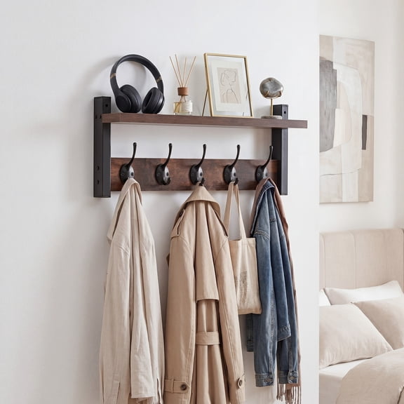 Wooden Wall-Mounted Shelf - Coat and Key Organizer with Floating Shelf and 5 Hooks, Key Rack for Bedroom and Entryway Storage