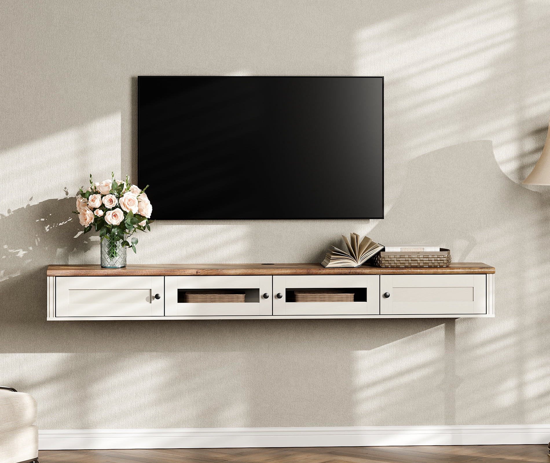 Wooden Wall-Mounted TV Shelf with Charging Station，White