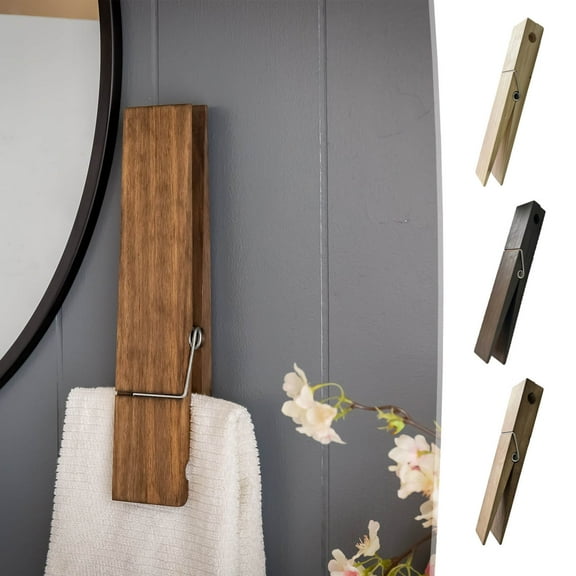 Wooden Wall-Mounted Towel Clip | Rustic Oversized Clothespin | Hand-Sanded Solid Wood | Decorative Grange Boho Style | Stainless Steel Spring | 5.91" x 1.57" | 1 Piece